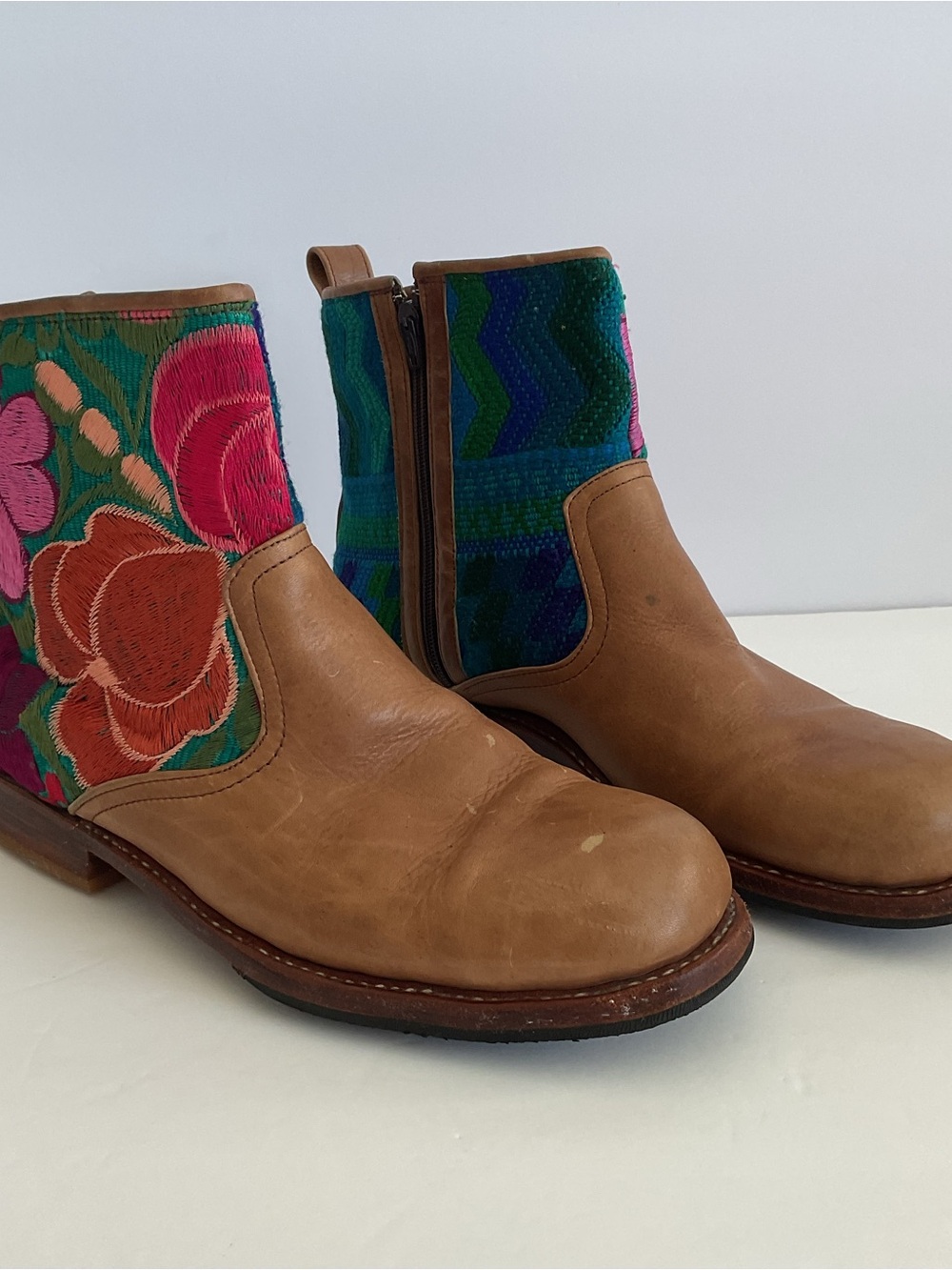 Embroidered Floral Leather Ankle Bootie - Brown with Pink & Red Floral